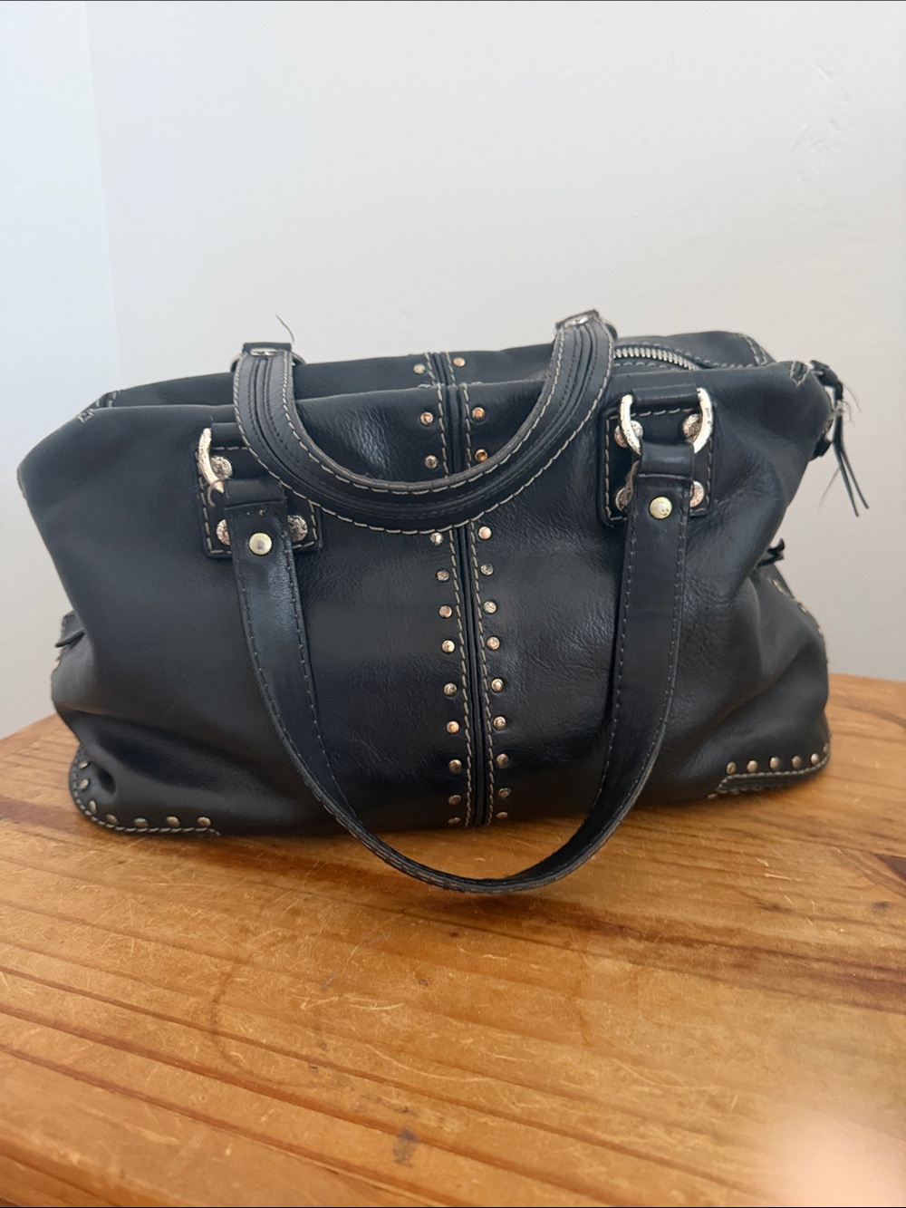 Vintage Michael Kors Astor Black Leather Studded Satchel Hand Bag
